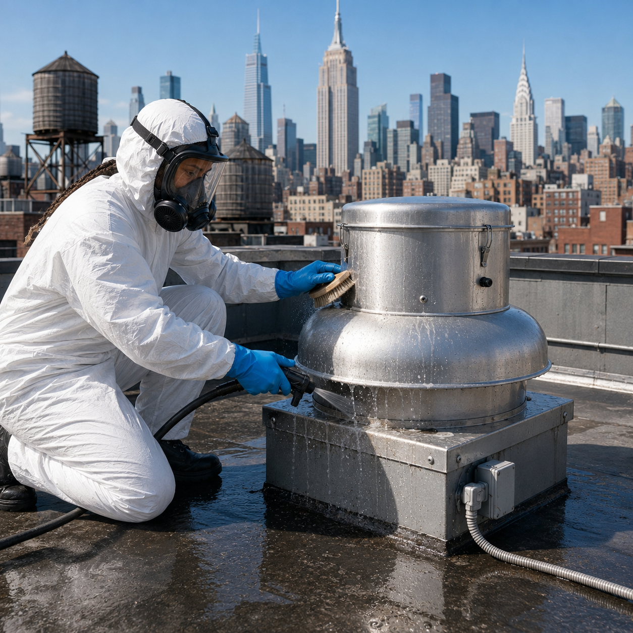 Allen’s technician cleaning a closed rooftop restaurant exhaust fan during a full-system service