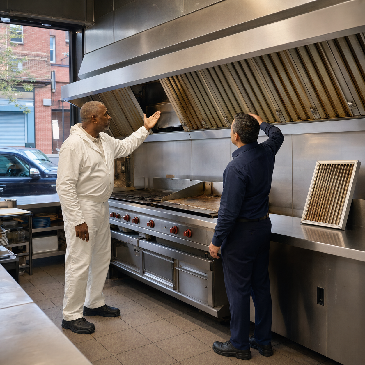 Allen’s technical representative discussing the restaurant duct exhaust system with the owner during an estimate