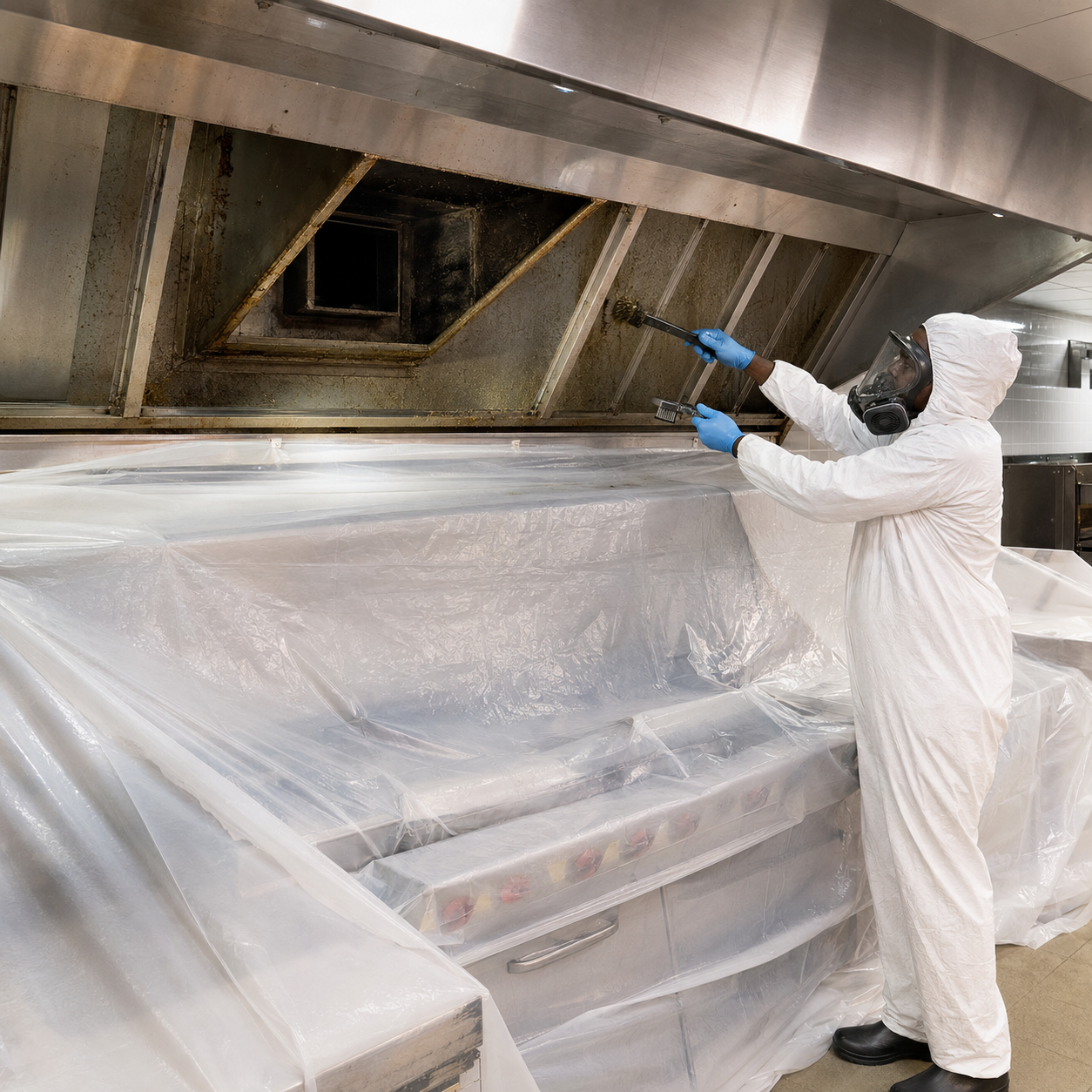 Allen’s technician cleaning accessible grease buildup inside a commercial restaurant duct hood plenum
