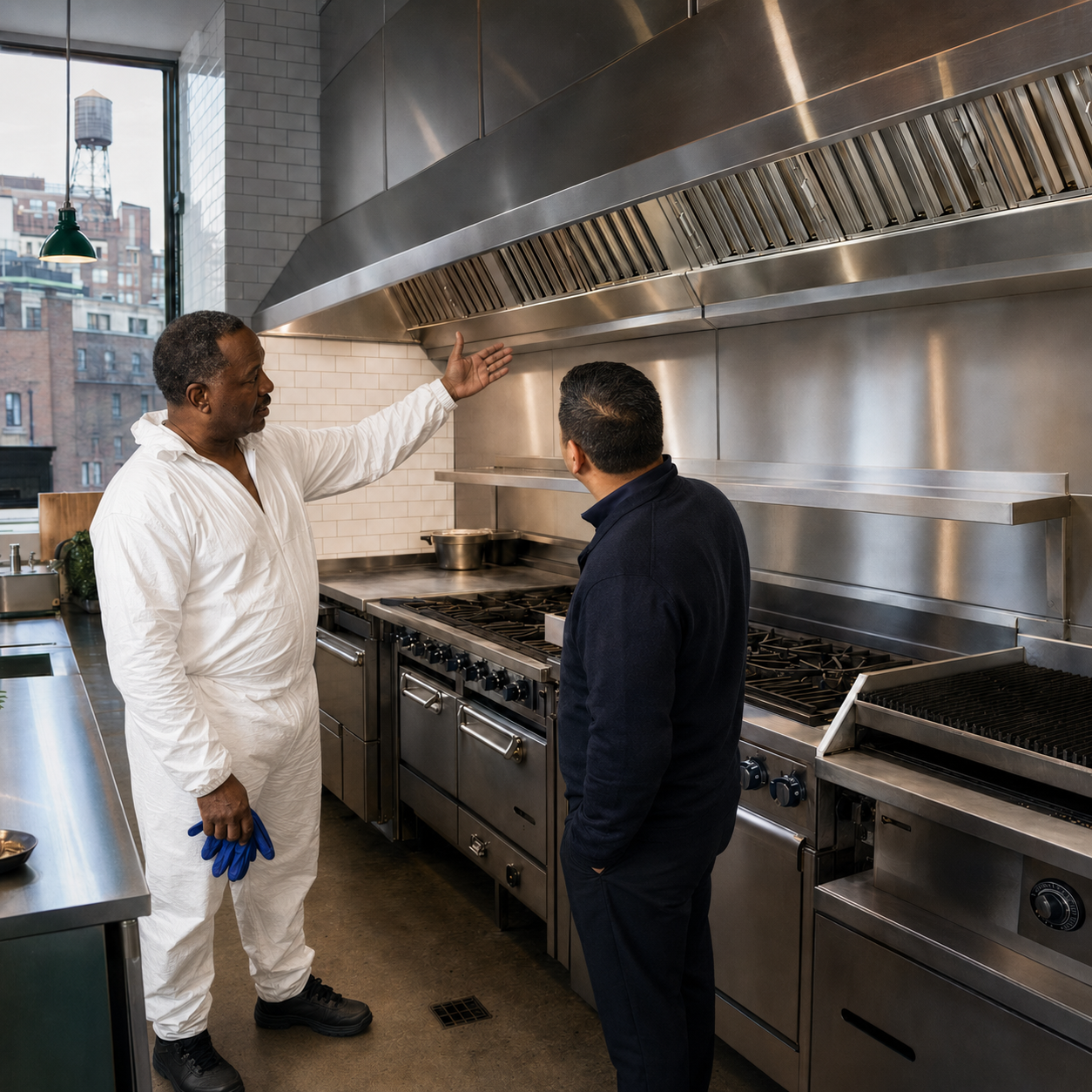 Allen’s representative discussing the condition of a restaurant duct hood with the restaurant owner