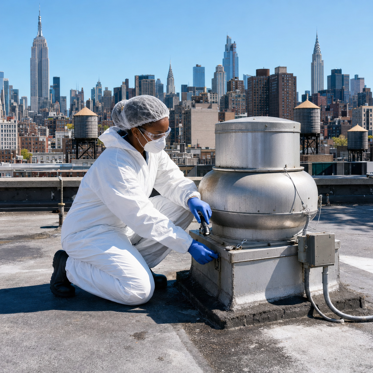 Allen’s technician hand-cleaning the exterior of a closed rooftop restaurant exhaust fan
