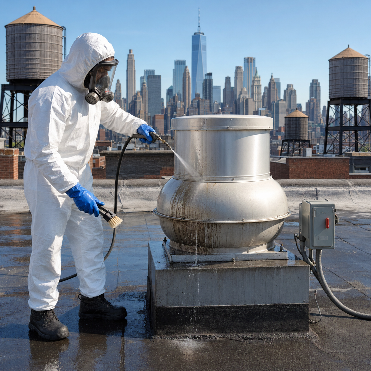 Allen’s technician detail-cleaning an accessible rooftop restaurant exhaust fan with the New York City skyline nearby