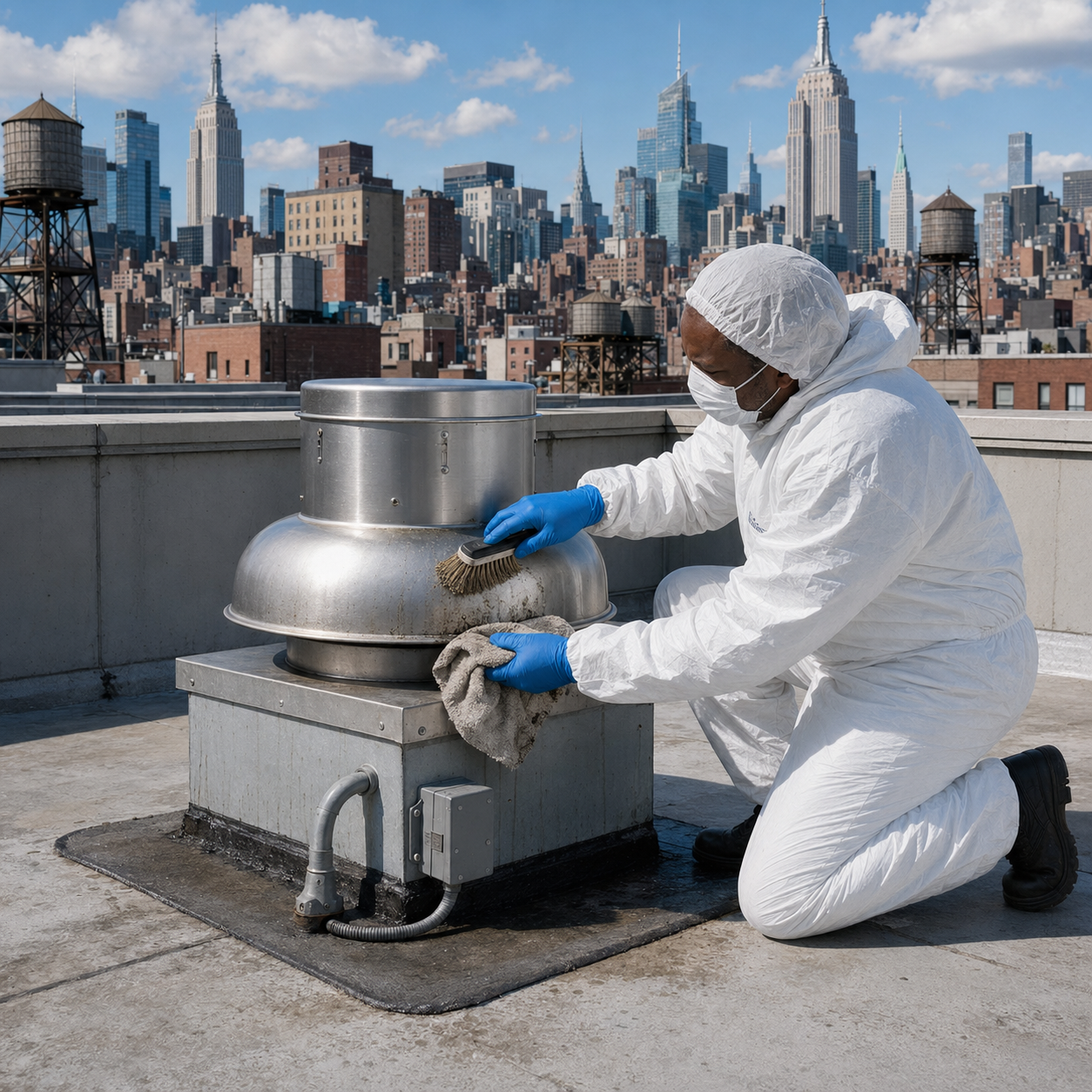 Allen’s technician inspecting a closed rooftop restaurant exhaust fan in New York City
