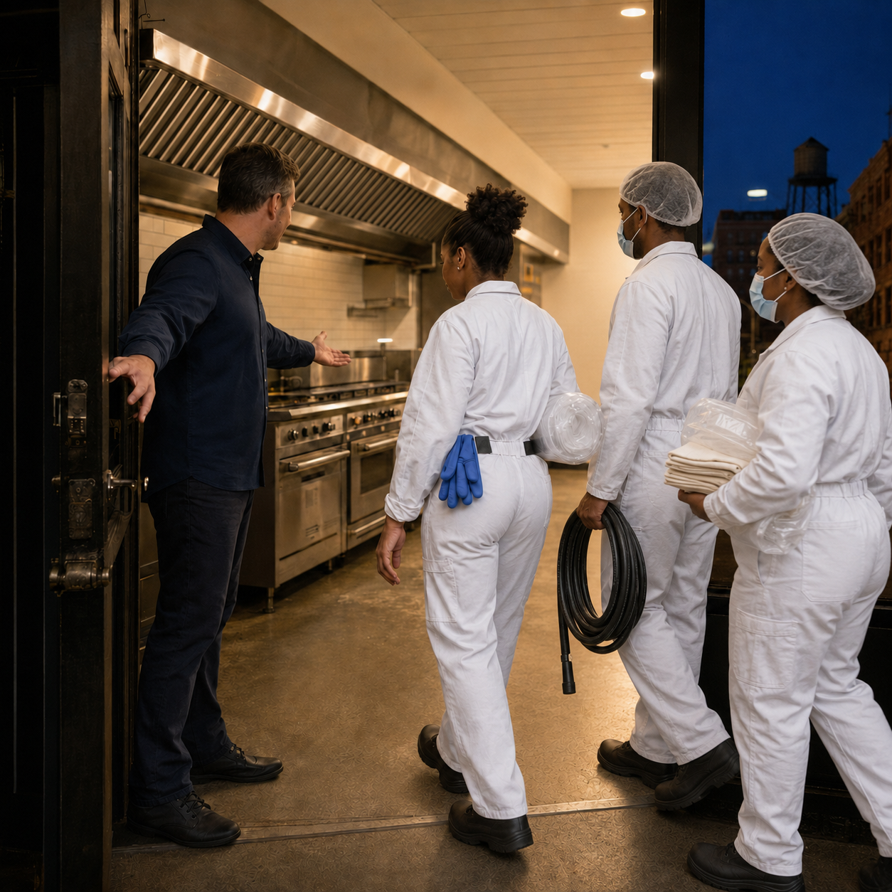 Allen’s technicians arriving at a New York restaurant with practical supplies for an overnight duct exhaust service