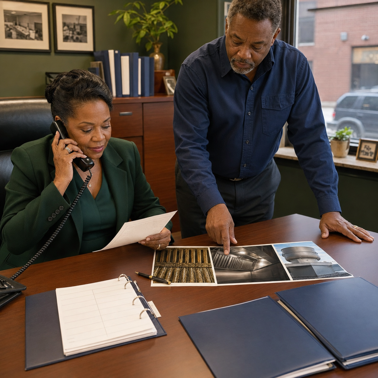 Mrs. Allen handling an estimate call while Mr. Allen reviews photographs of restaurant duct exhaust components