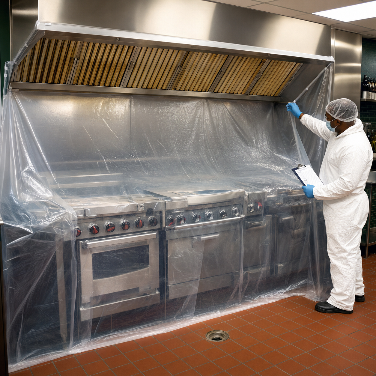 Allen’s technicians reviewing plastic cookline protection before restaurant duct exhaust cleaning