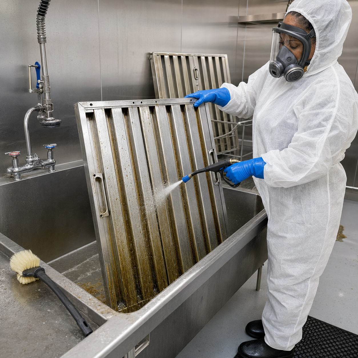 Allen’s technician deep-cleaning a stainless-steel baffle filter removed from a restaurant duct hood