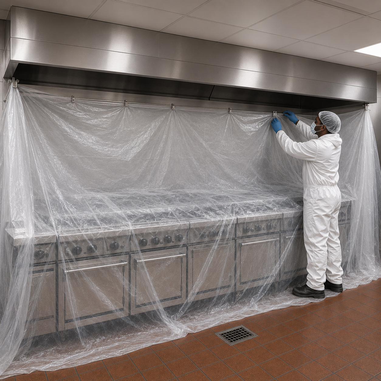 Allen's Duct Systems technician cleaning inside a commercial restaurant exhaust duct system