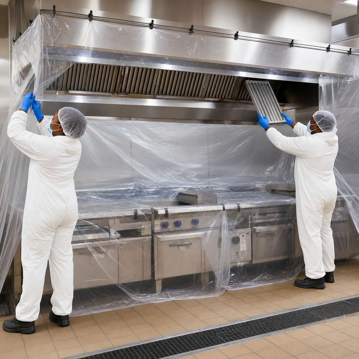 Allen’s technician reinstalling clean grease filters in a restaurant duct hood after service