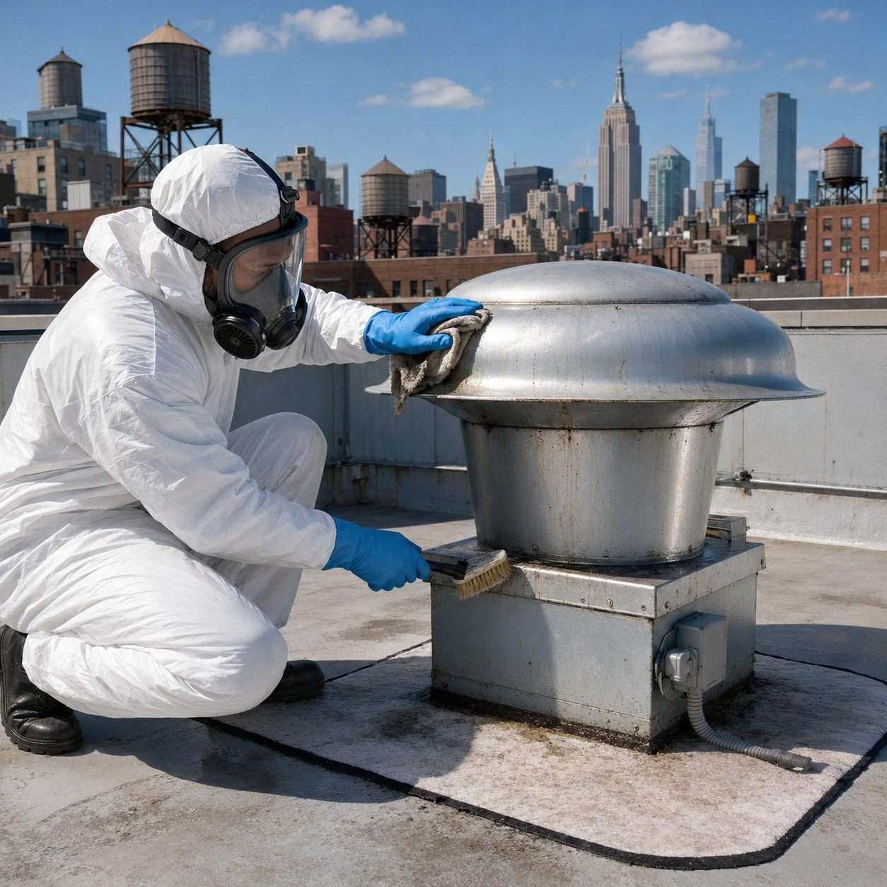 Allen's Duct Systems technician cleaning inside a commercial restaurant exhaust duct system