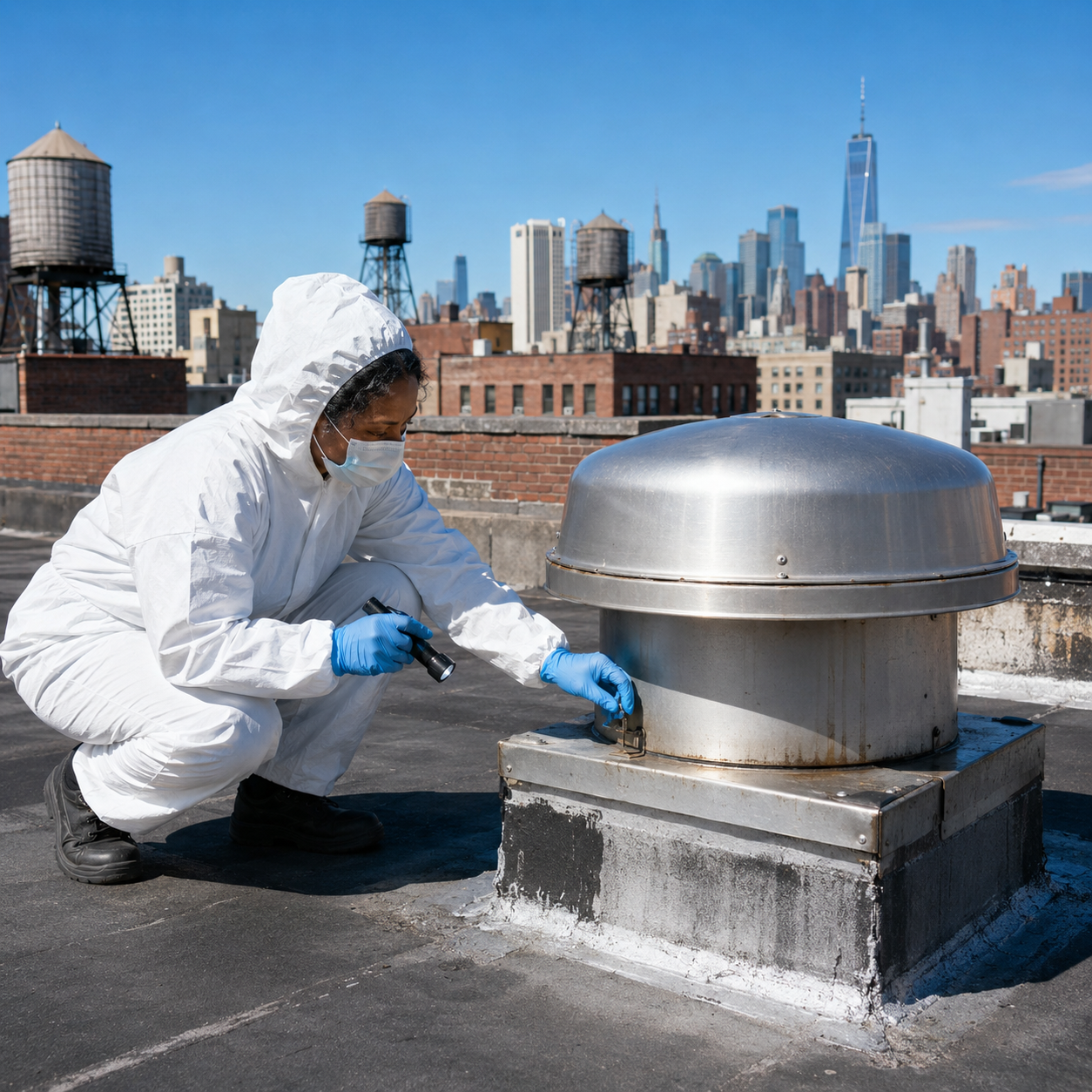 Allen’s technician inspecting a closed rooftop restaurant exhaust fan before cleaning