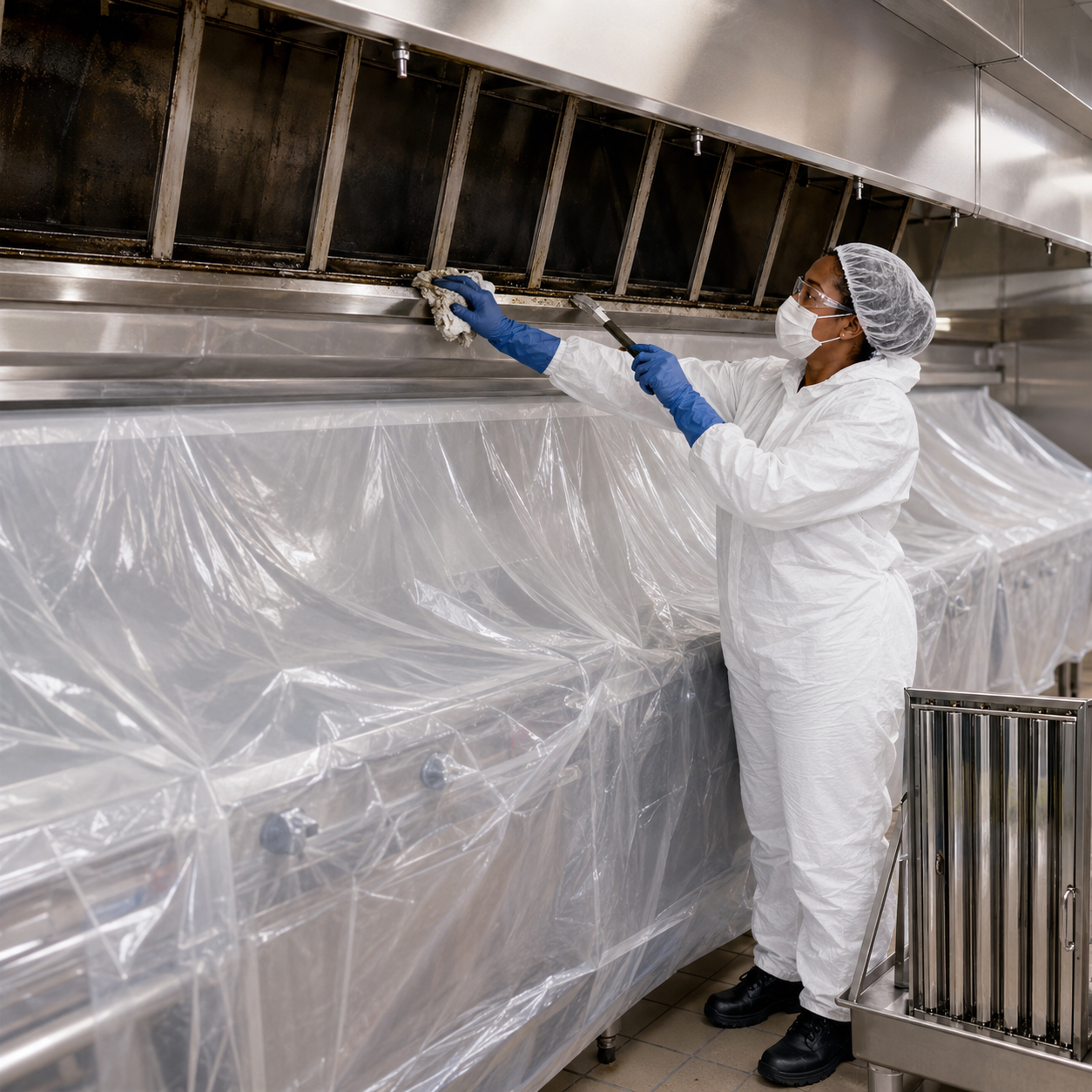 Allen’s technician cleaning accessible plenum surfaces behind removed restaurant duct hood grease filters