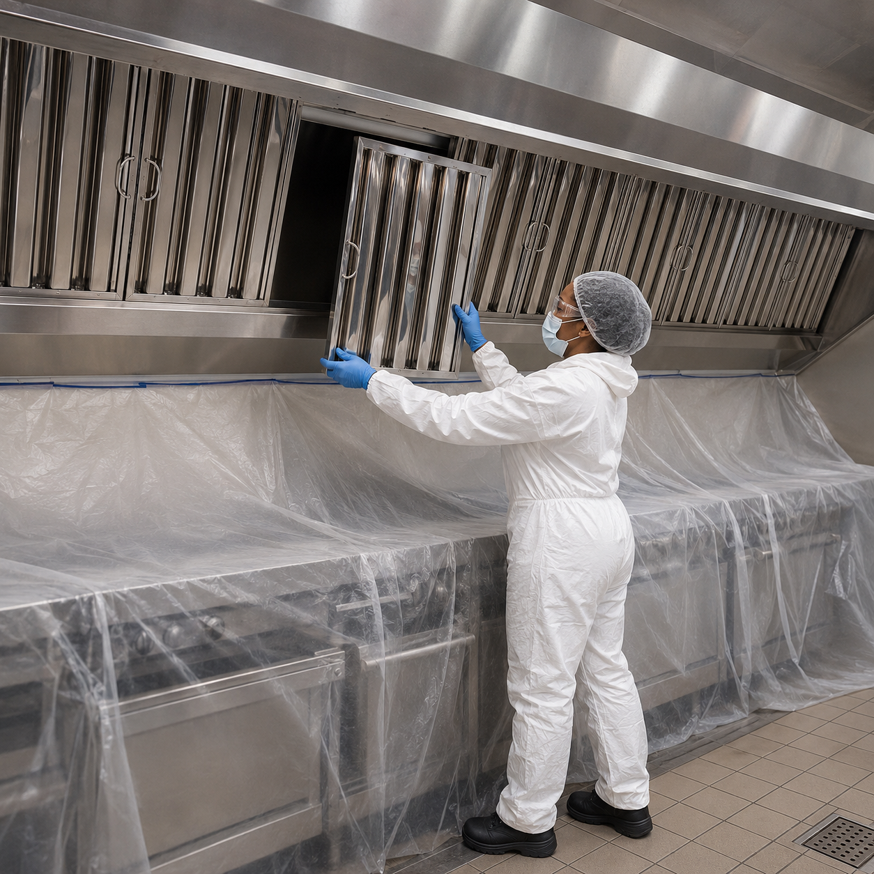 Allen’s technician installing a new stainless-steel baffle filter in a restaurant duct hood