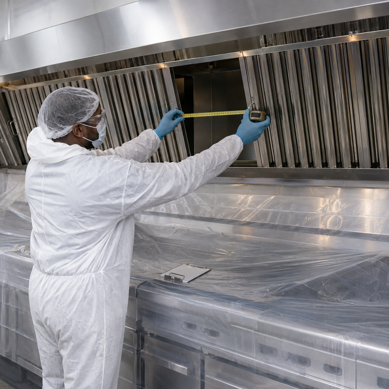 Allen’s technician checking a restaurant duct hood filter opening for the correct replacement baffle filter