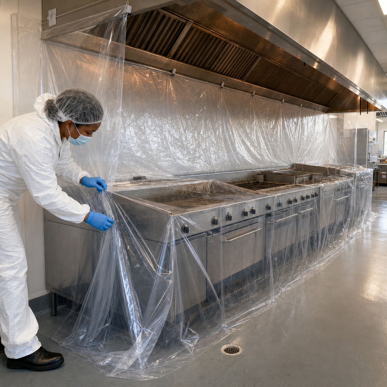 Allen’s technician securing plastic protection around a commercial cookline before restaurant duct exhaust cleaning