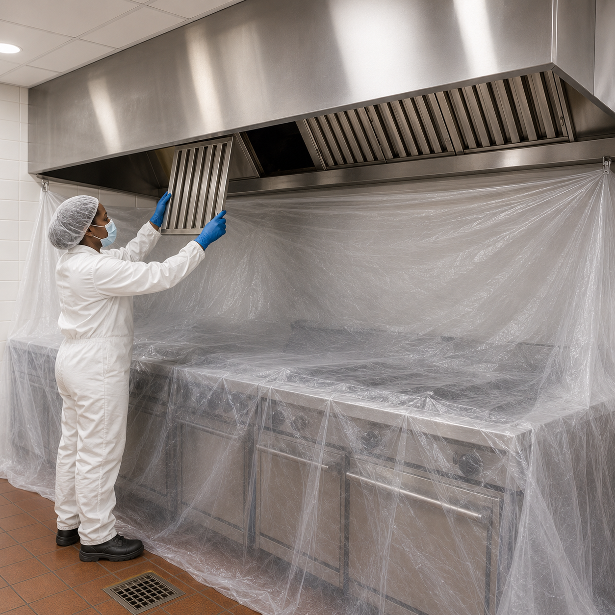 Allen's Duct Systems preparing a commercial restaurant cookline for exhaust cleaning