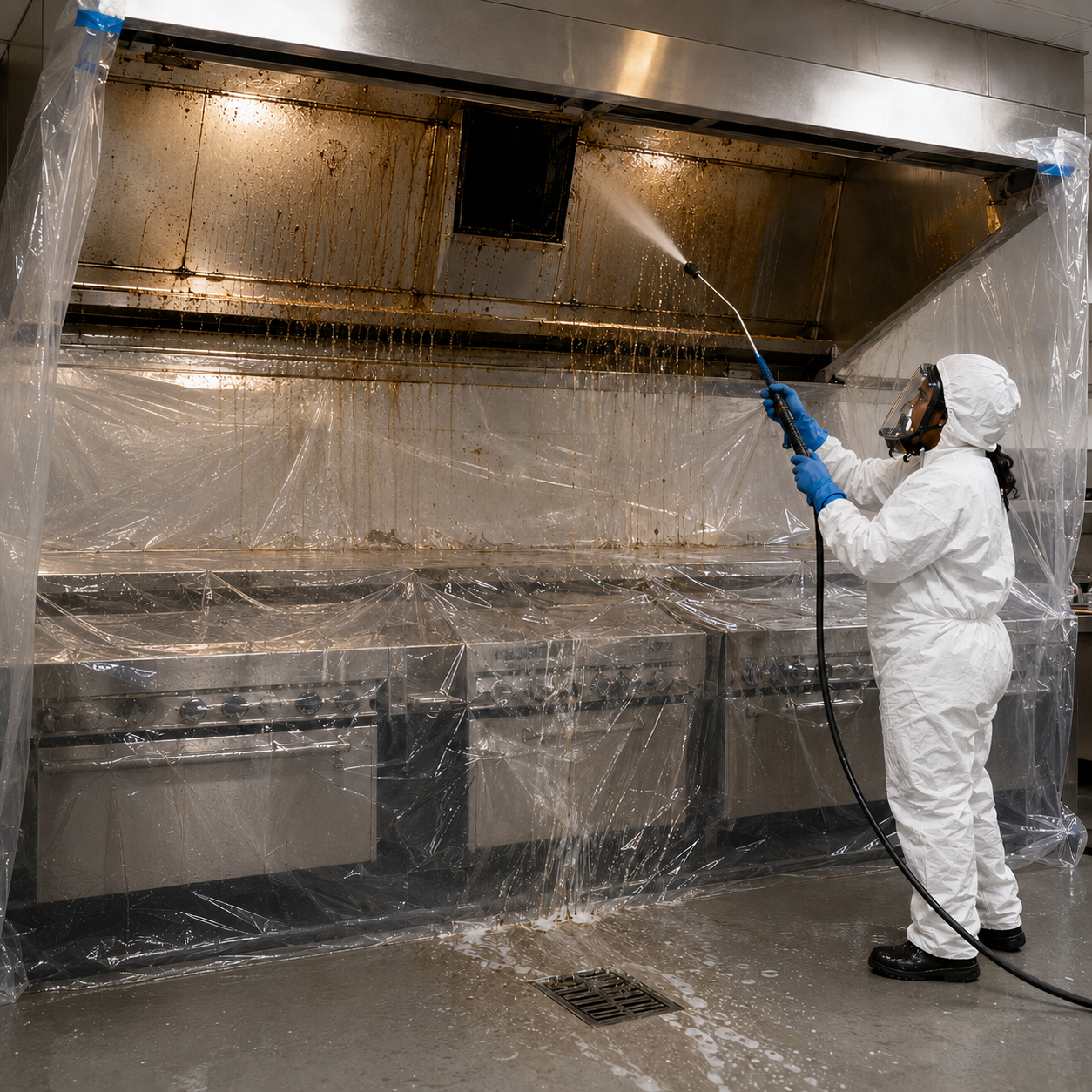 Allen’s technician wet-cleaning grease from accessible restaurant duct hood surfaces inside protected containment