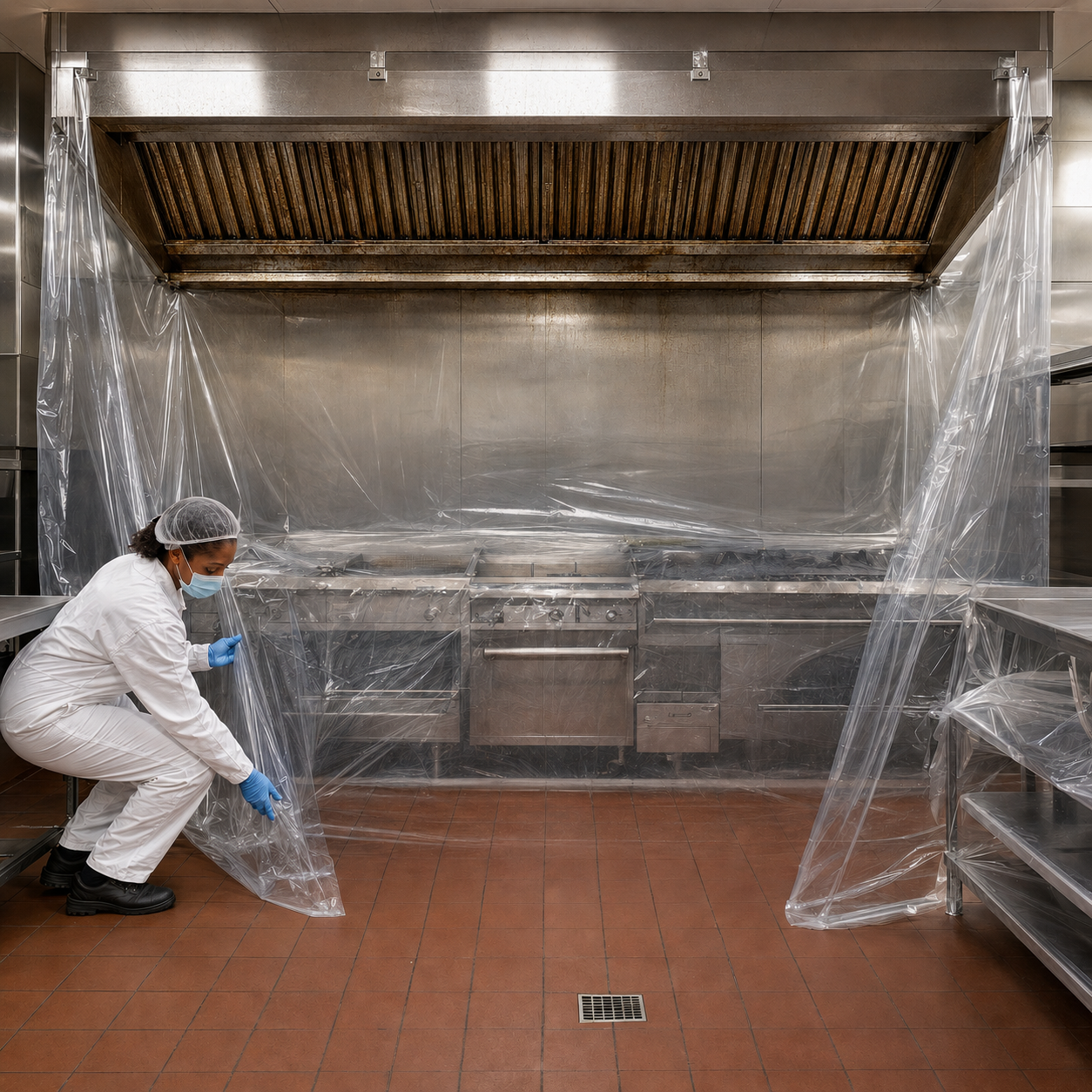Allen’s technician checking plastic containment around a grease-laden restaurant duct hood before cleaning