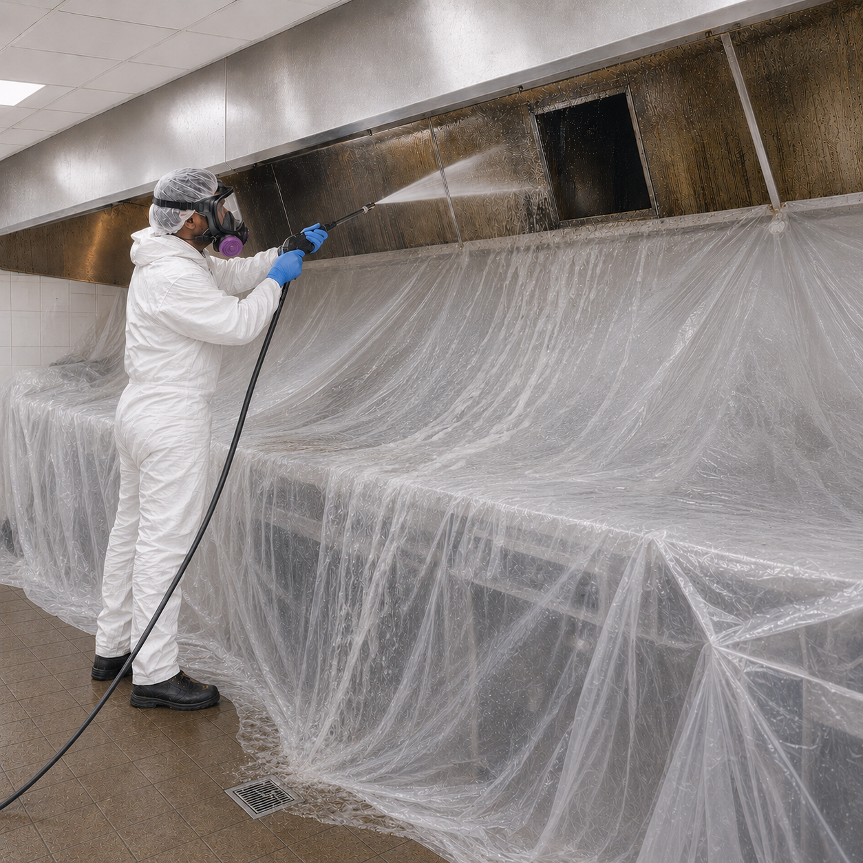 Allen’s technician wet-cleaning accessible restaurant duct hood surfaces from the kitchen floor