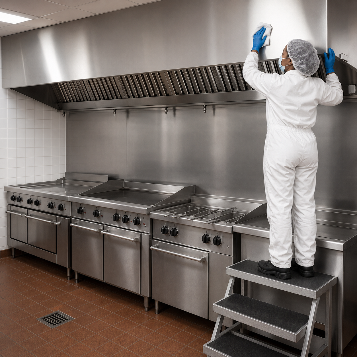 Allen’s technician polishing the stainless-steel exterior of a clean restaurant duct hood