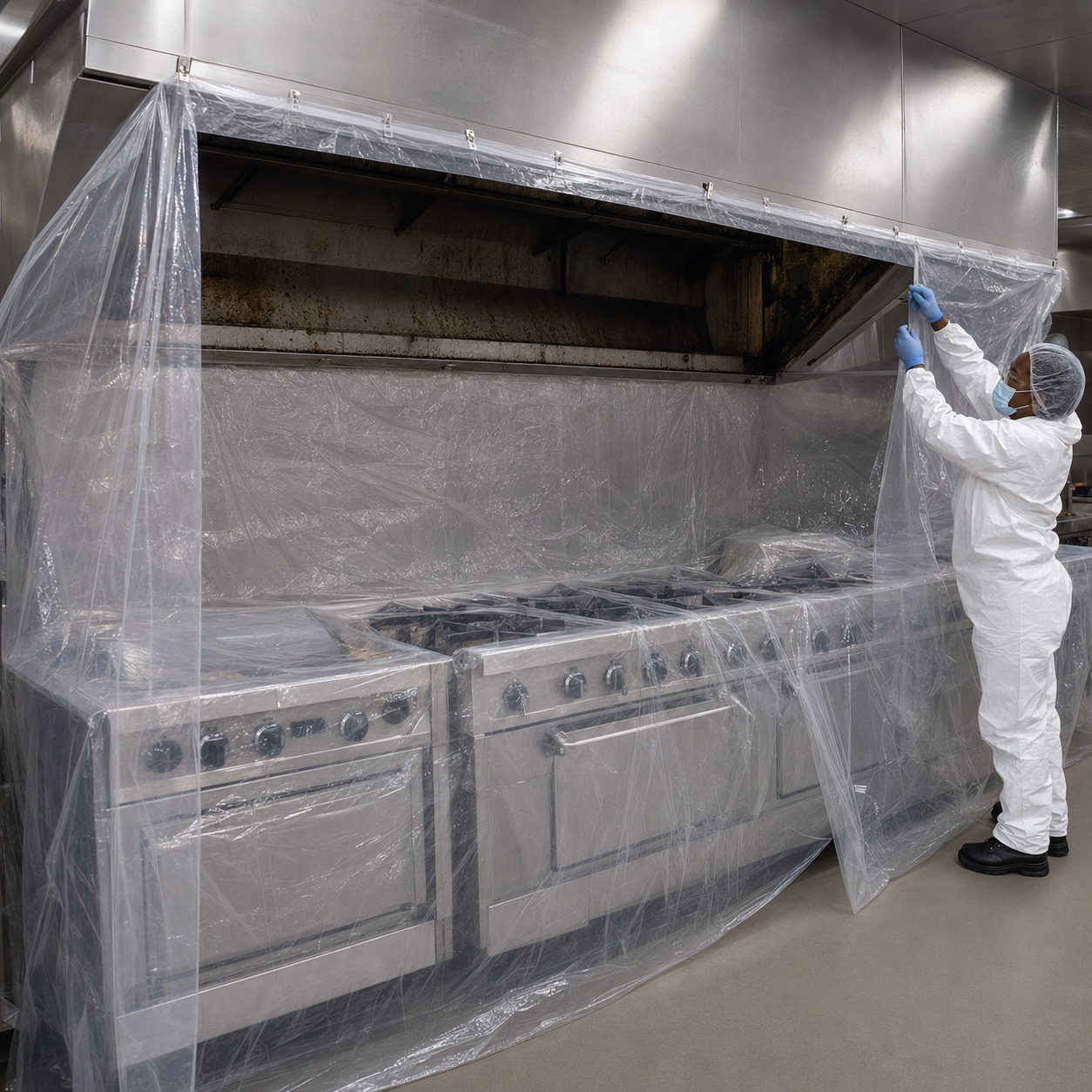 Allen’s technician preparing plastic containment around a restaurant duct hood and protected cookline