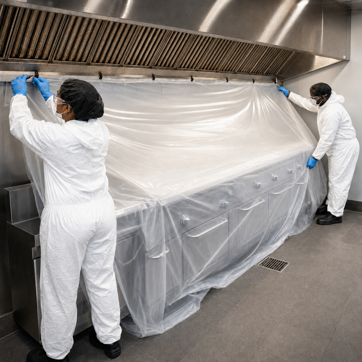 Allen’s technicians protecting restaurant cooking equipment before plenum and ductwork cleaning begins