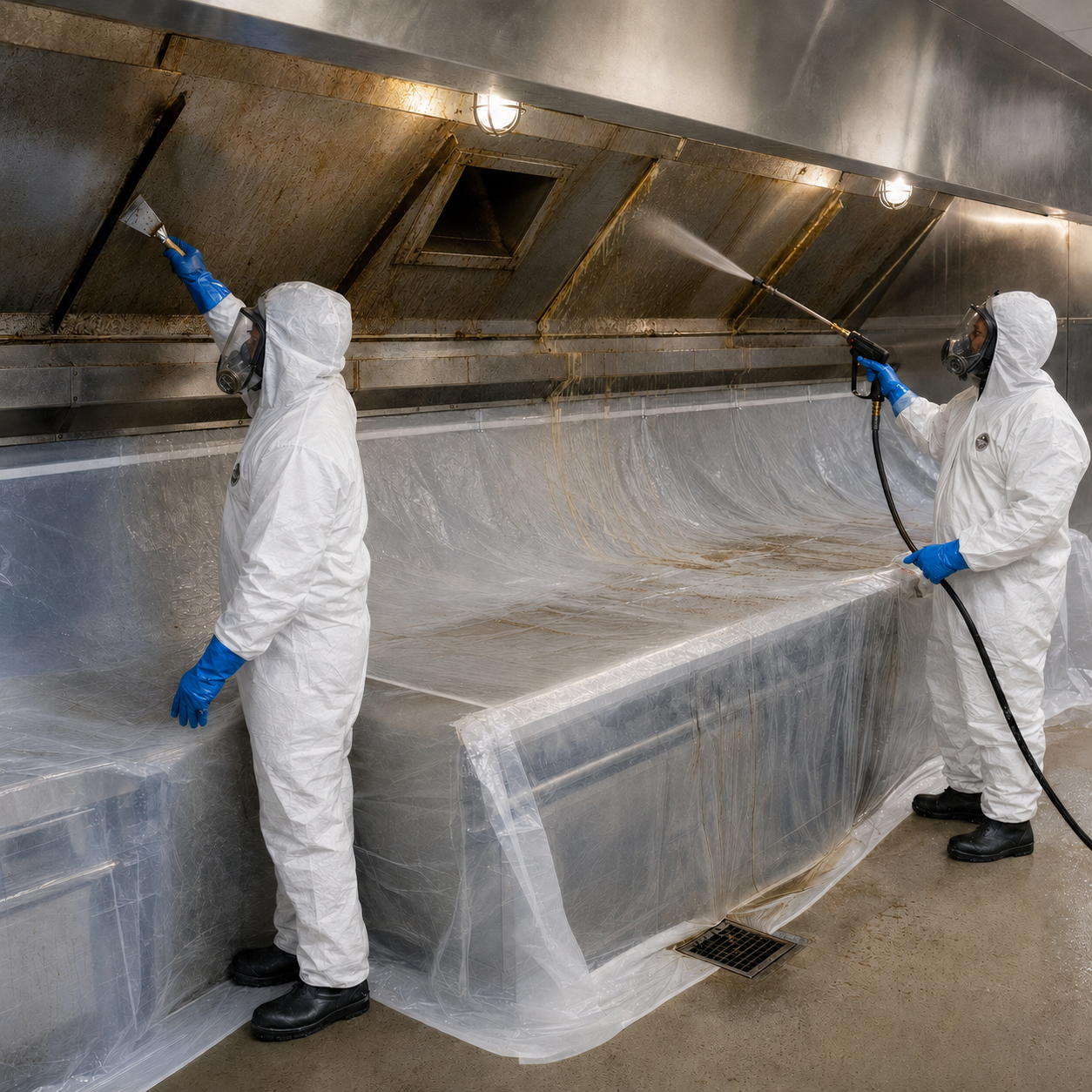 Allen’s technicians cleaning accessible grease buildup in a protected restaurant duct exhaust work area