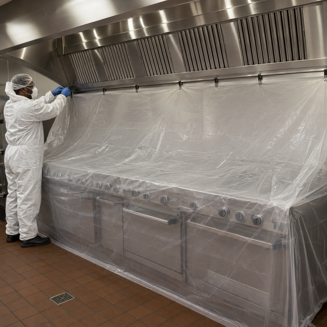 Allen’s technician protecting the restaurant cookline before removing duct hood grease filters