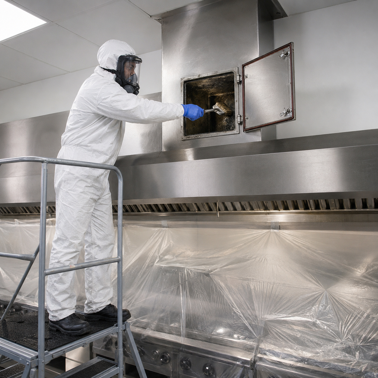 Allen’s technician cleaning an accessible connection between a restaurant duct hood plenum and connected ductwork