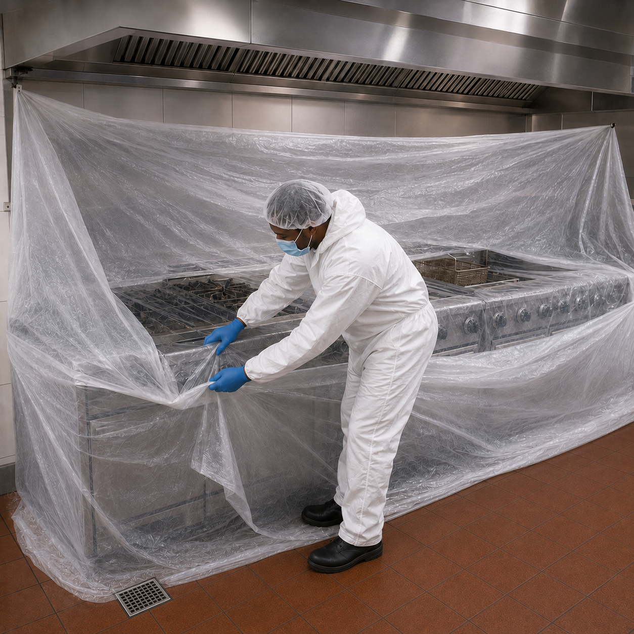 Allen’s technician arranging plastic protection around a commercial cookline before restaurant duct hood cleaning