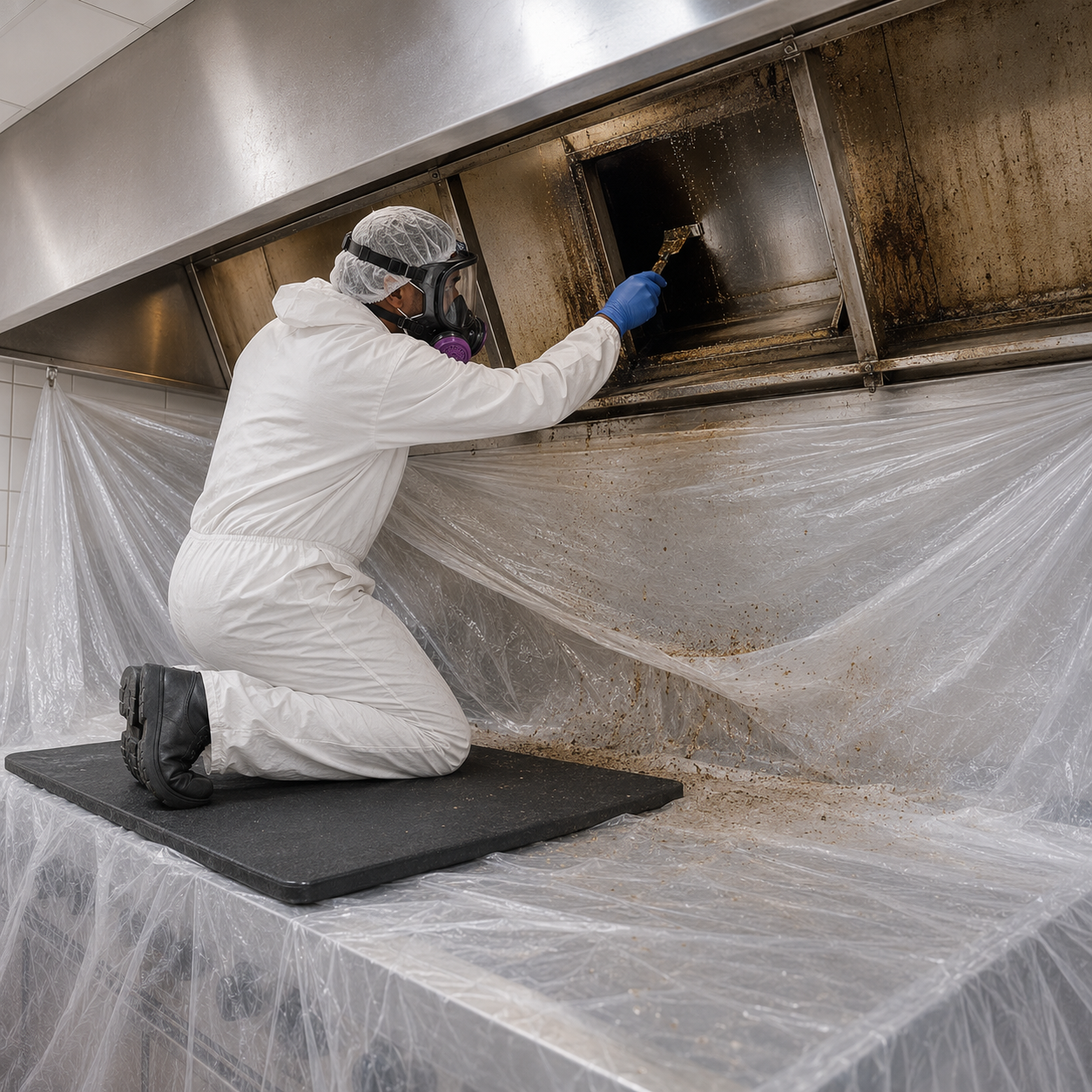 Allen's Duct Systems preparing a commercial restaurant cookline for exhaust cleaning