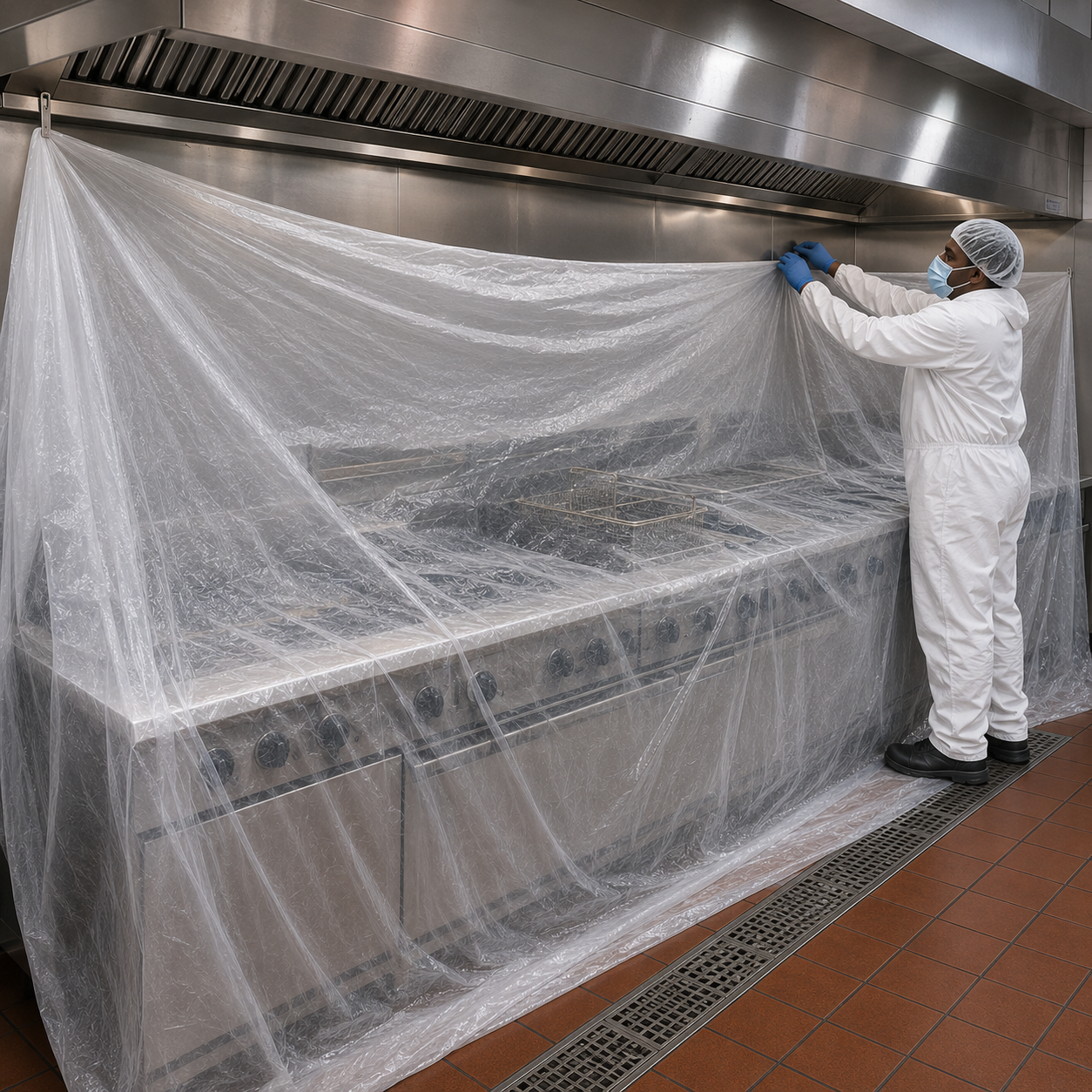Allen's Duct Systems preparing a commercial restaurant cookline for exhaust cleaning