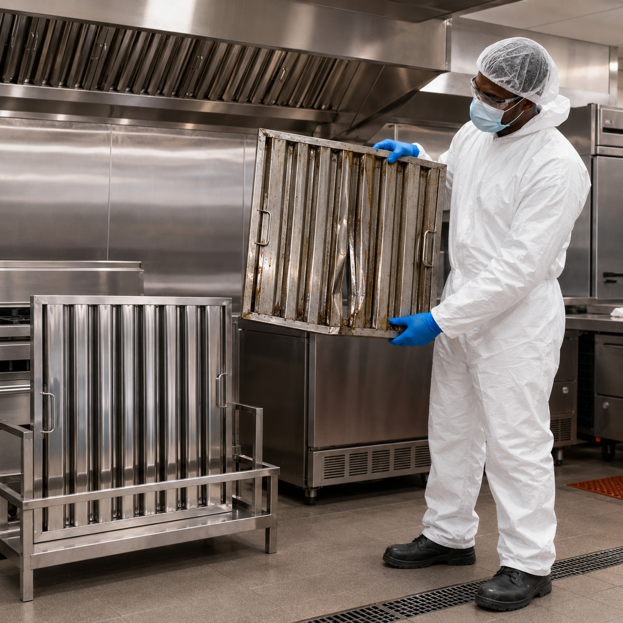 A damaged restaurant grease filter displayed beside a clean stainless-steel replacement baffle filter