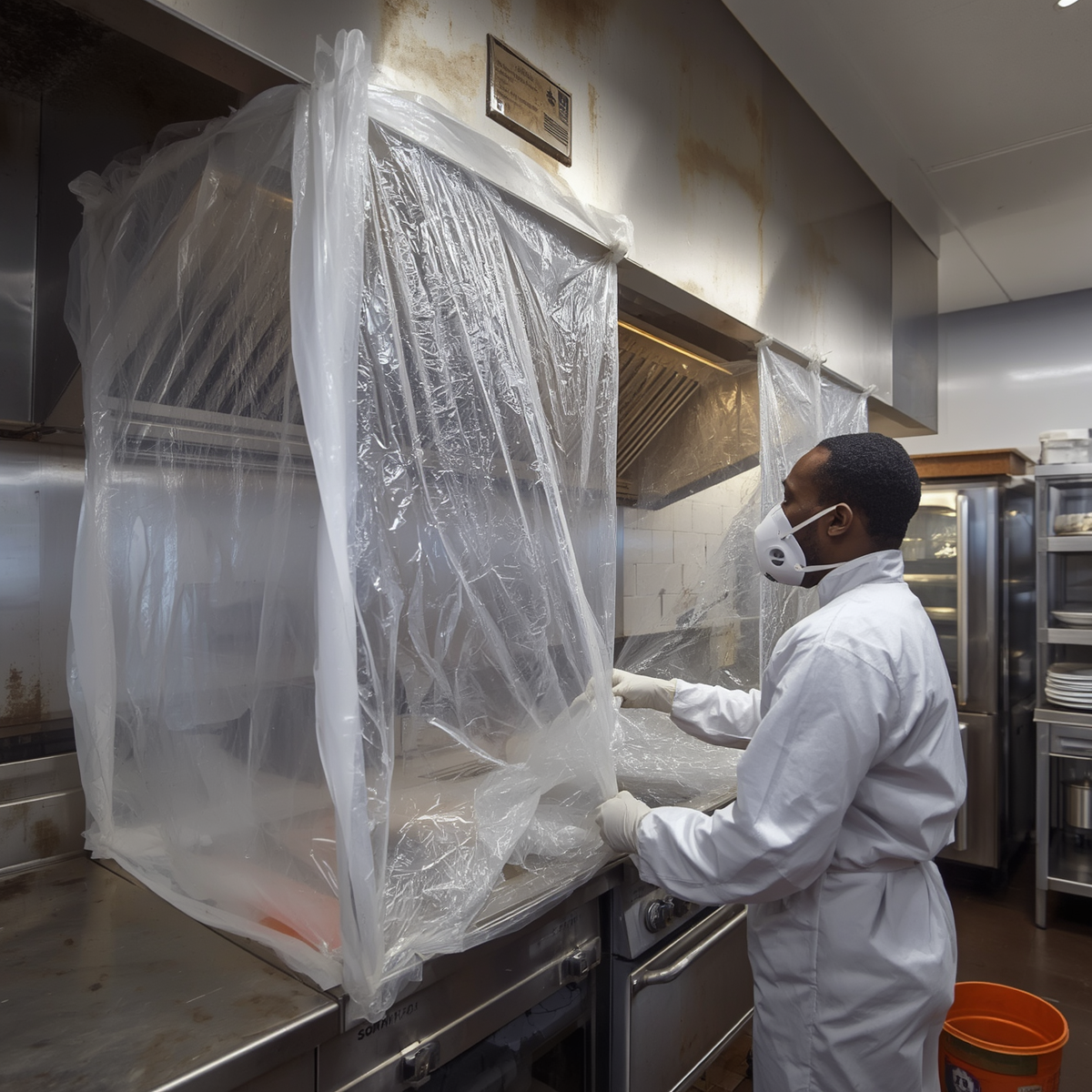 Allen's Duct Systems protecting a commercial restaurant cookline before full-system exhaust cleaning