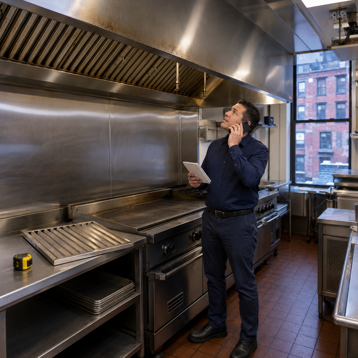 A restaurant manager checking dirty grease filters and the duct exhaust system before calling Allen’s