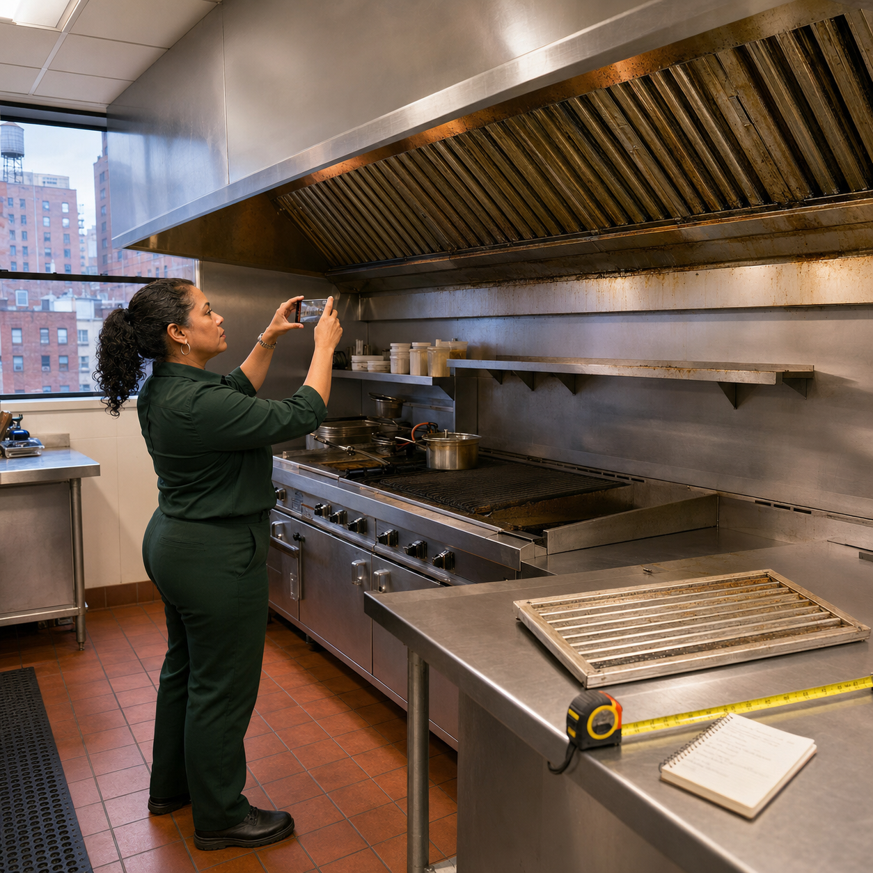 A restaurant manager photographing dirty duct hood grease filters to share their condition with Allen’s
