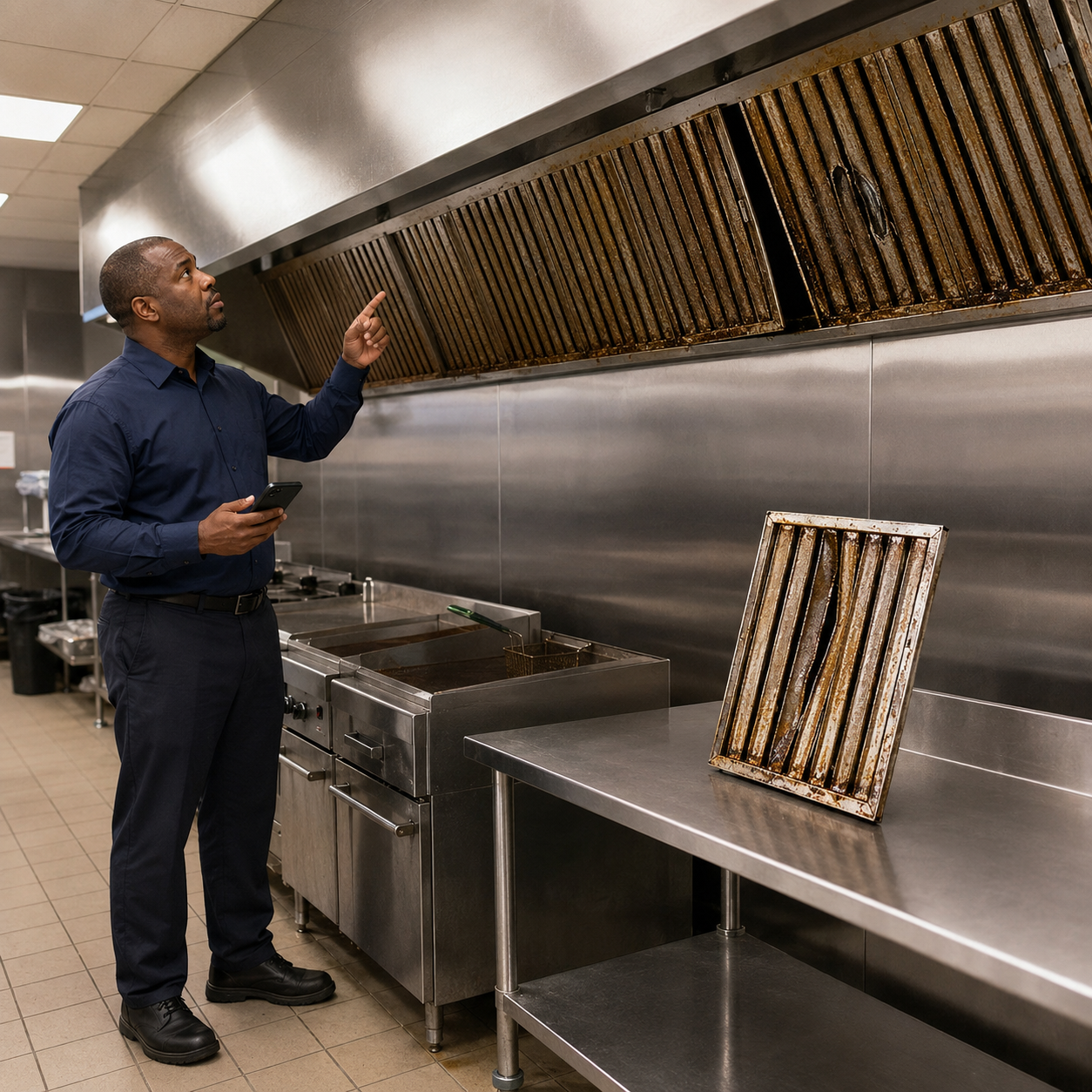 A restaurant owner inspecting dirty and damaged duct hood grease filters before requesting an estimate
